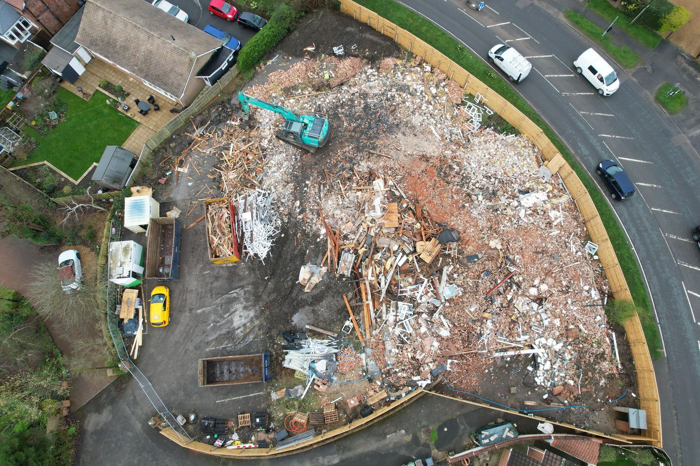 Aerial view of the Evelyn Court demolition site in Heanor